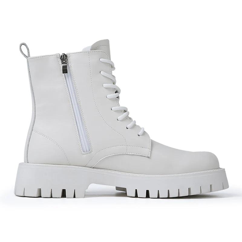 Spring Men's Thick Soled White Denim Boots Brand Lace Up Side Zipper Motorcycle Boots Men Round Toe Boots Leather High Top Shoes