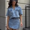 Women's Workwear Denim Suit Skirt Pants Summer V-Neck Short Sleeve Top Summer Spice Girls High Waist Irregular Suit