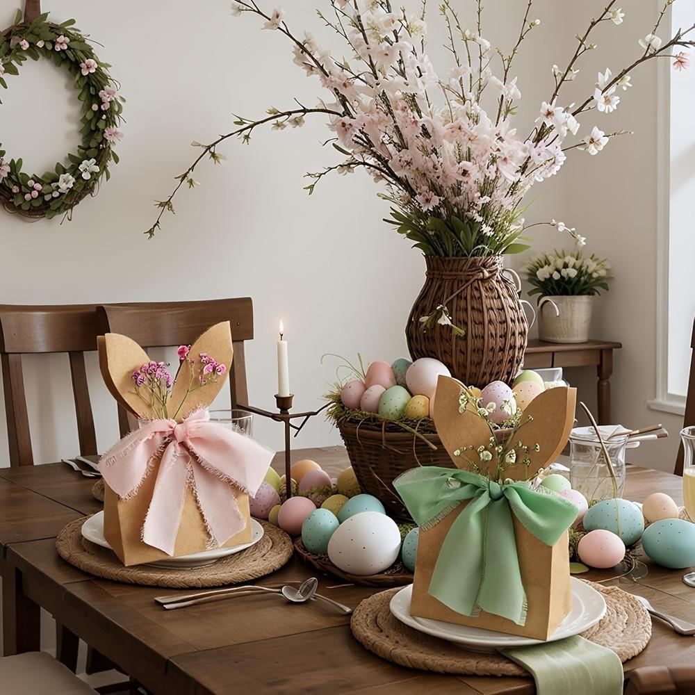 12PCS Cartoon Easter Rabbit Candy Gift Box with Ribbon Bow 3D Bunny Ear Rabbit Cookie Bag Kraft Paper DIY Party Favor Bag