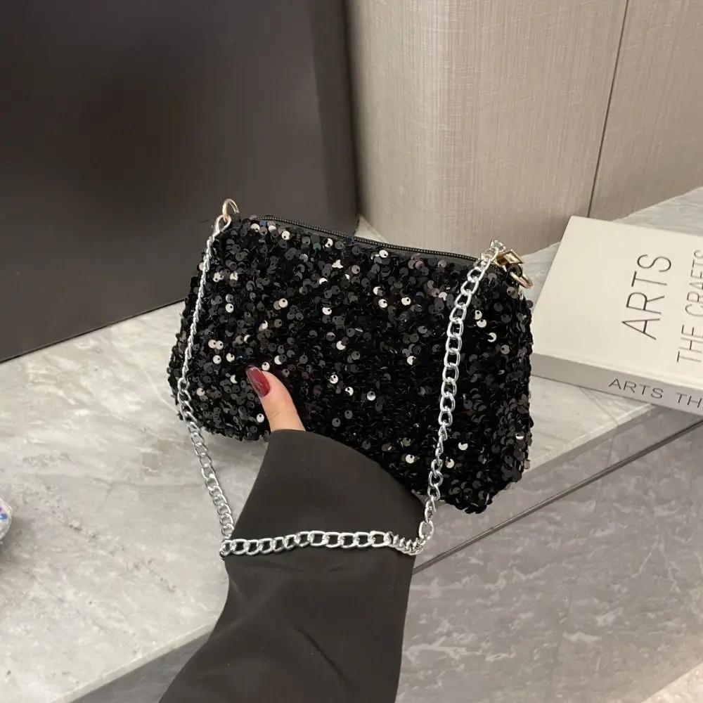 Solid Color Sequins Crossbody Bag Simple Chain Small Square Bag Handbag Underarm Bag Evening Clutch Bag