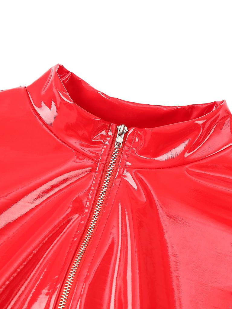 Womens One Piece Long Sleeve Crotchless Jumpsuit Wet Look Patent Leather Zipper Bodysuit Catsuit