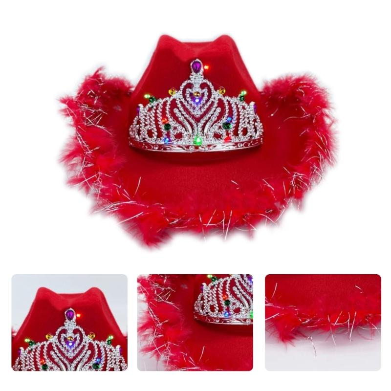 Ковбойская шляпа со стразами, в западном стиле, со светодиодной подсветкой на полях, шляпа федора из фетра, аксессуар для свадебной вечеринки