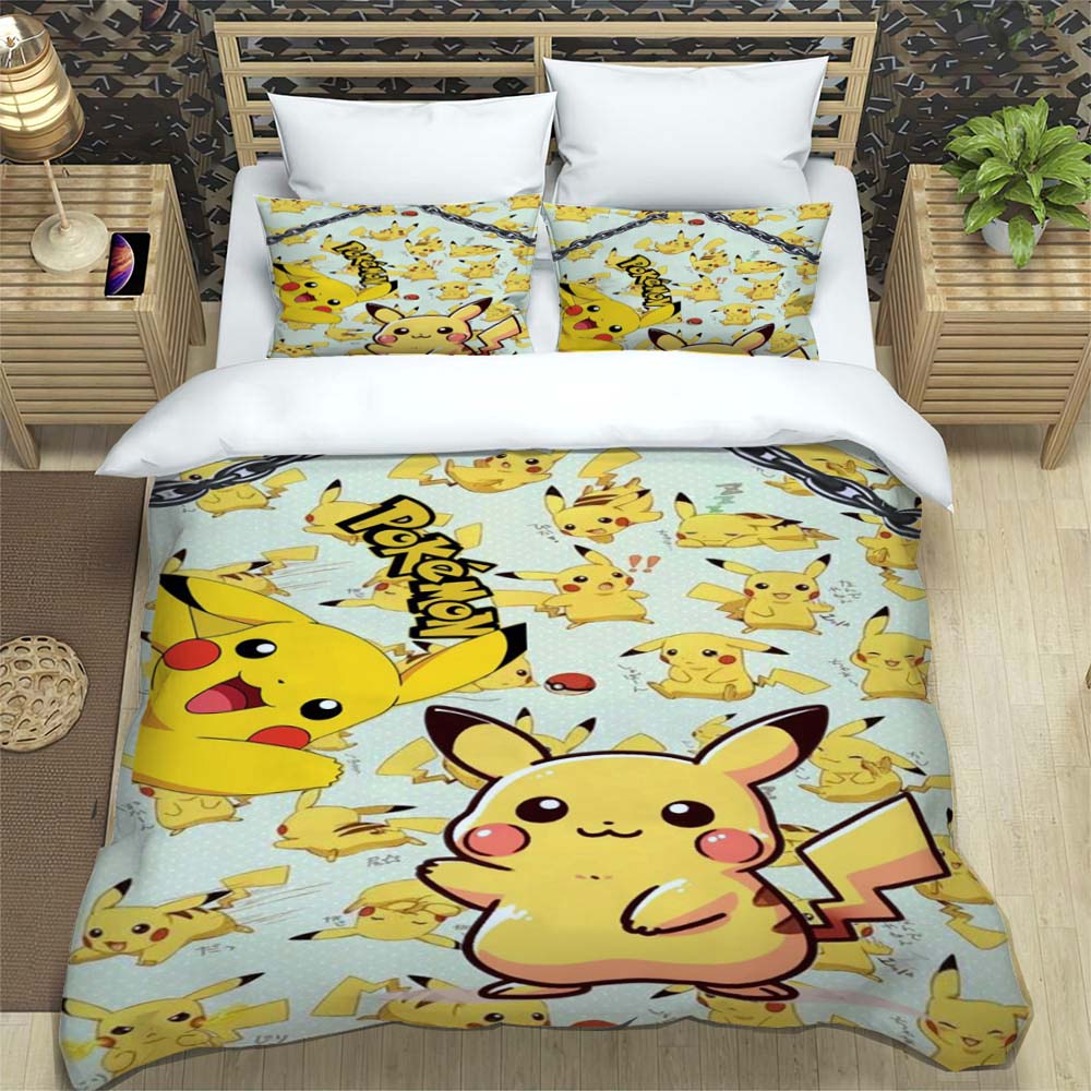 Classic Pikachu Print 3-Piece Bedding Set — Includes 1 Duvet Cover & 2 Pillowcases | Suitable for Adults & Children | A Warm Gif