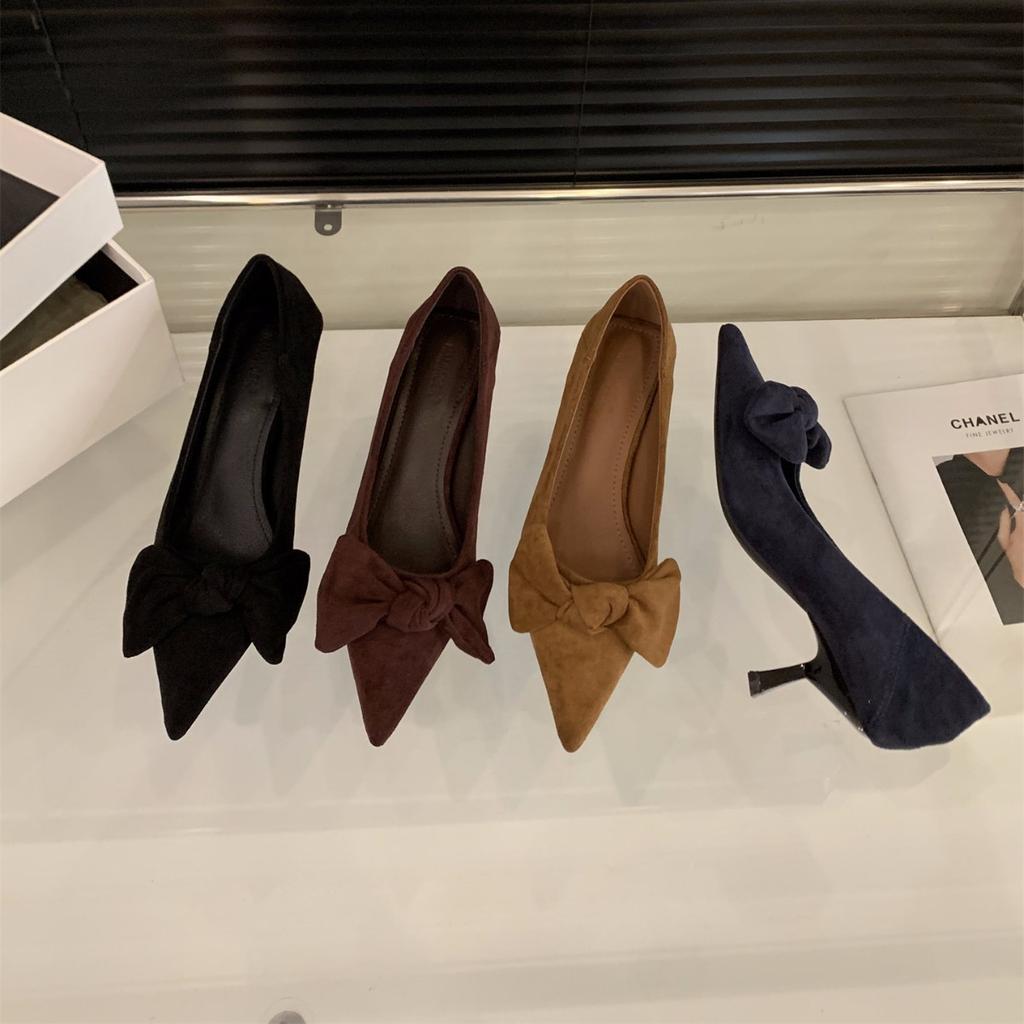 Niche French Black High Heels Women's Shoes 2025 New Spring and Autumn Temperament Suede Bow Pointed Single Shoes