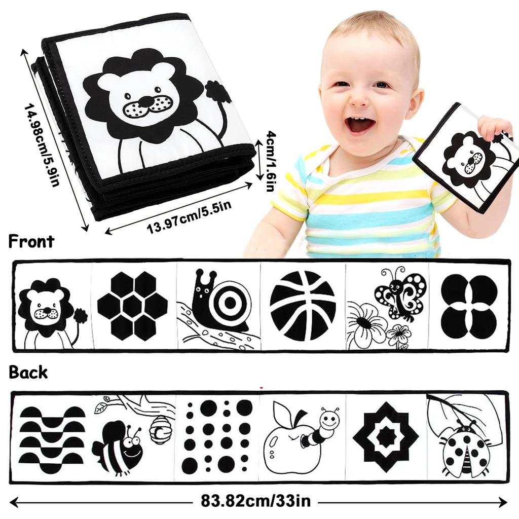 Детская тканевая книга Черно-белые высококонтрастные сенсорные игрушки Раннее образование для малышей Сенсорная активность Тканевая книга для младенцев