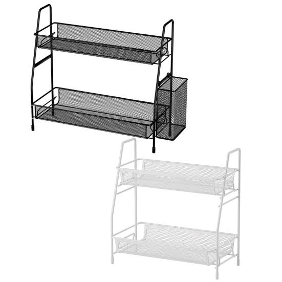 Double Layer Storage Rack with Side Storage Basket Hollow Mesh Iron Detachable Stable Anti-skid