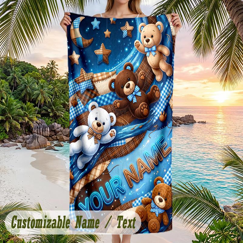 Teddy Bear Theme Beach Towel Personalized Custom Name & Text Soft Quick Dry Beach Towel for Swimming Travel