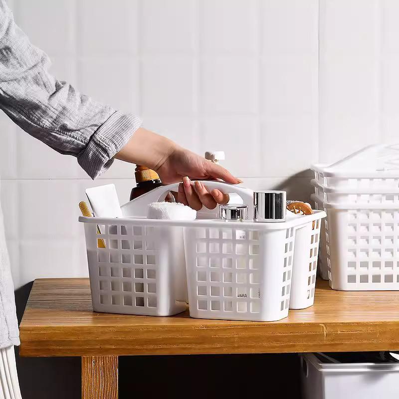Plastic Divided Storage Basket Lightweight Portable Organizer for Dorm Office Pantry Cleaning Supplies Organization