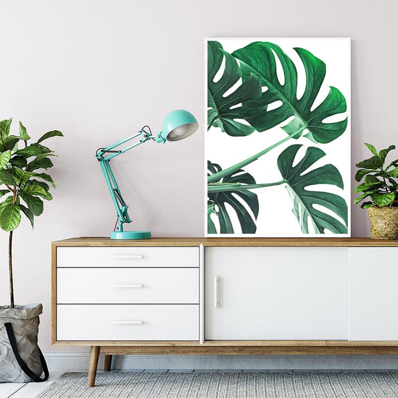 Nordic Green Palm Leaf Wall Art Monstera Leaves Canvas Painting Minimalist Tropical Plant Wall Picture for Living Room Decor