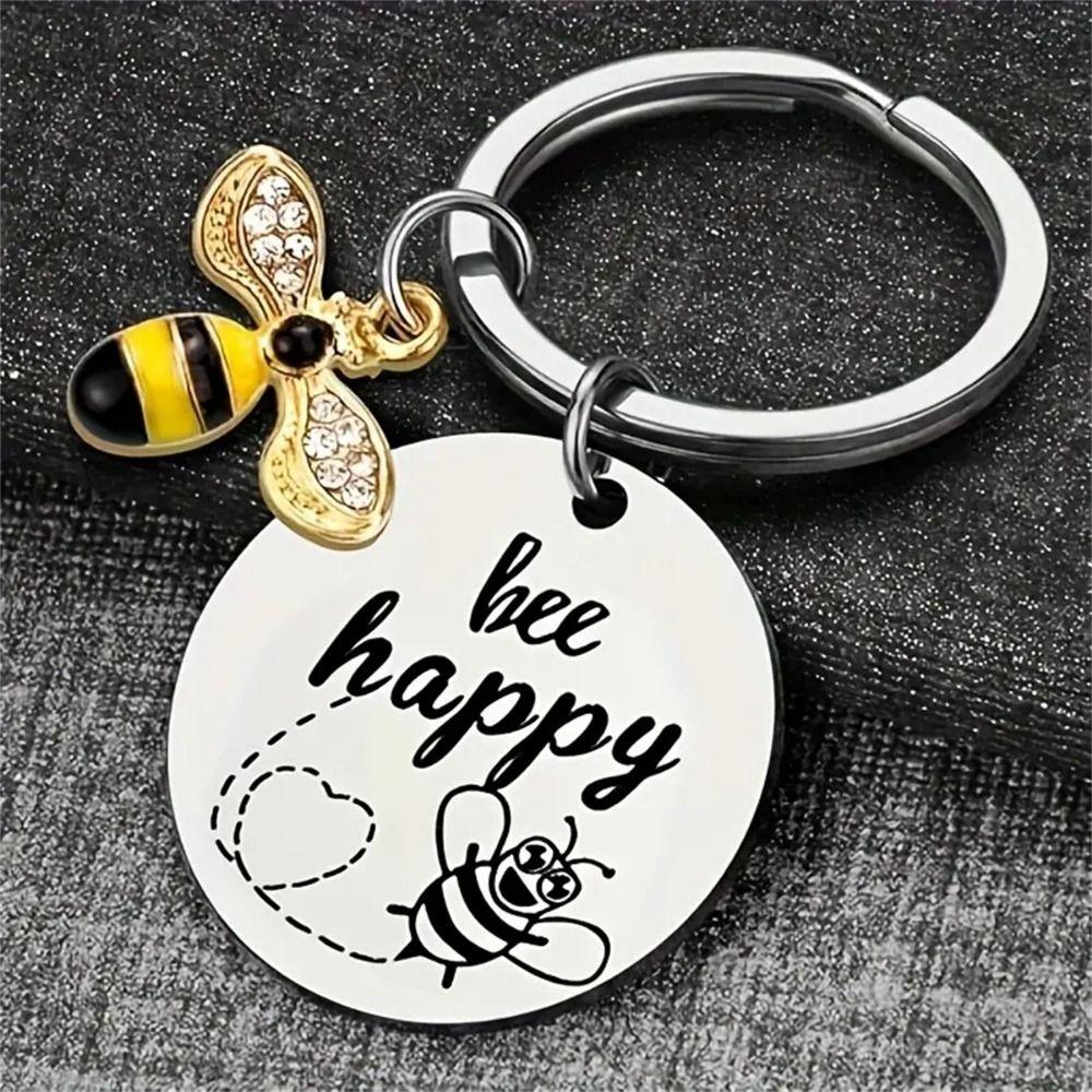 with Letters Stainless Steel Key Ring DIY Letters Round Pendants Bee Happy Key Chain Father