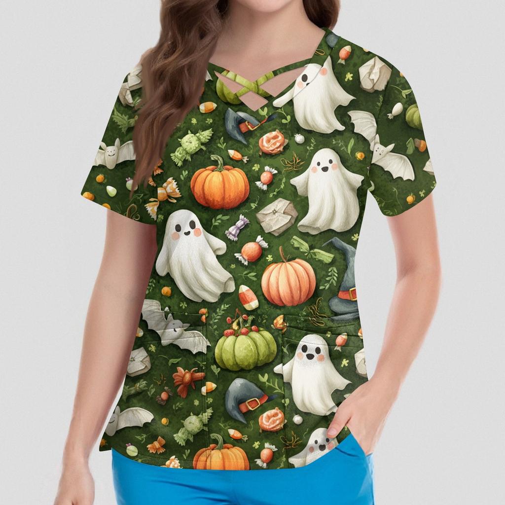 Women's Short Sleeve Stagger V Neck Print Pocket Dry- Top