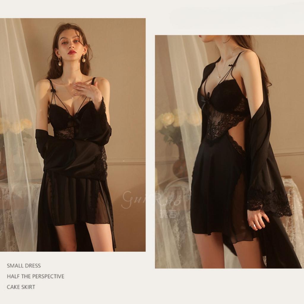 Большой размер Ледяной шелк Плюс Нагрудная накладка Стальное кольцо Сборка Ночная сорочка на бретелях Халат Домашний комплект