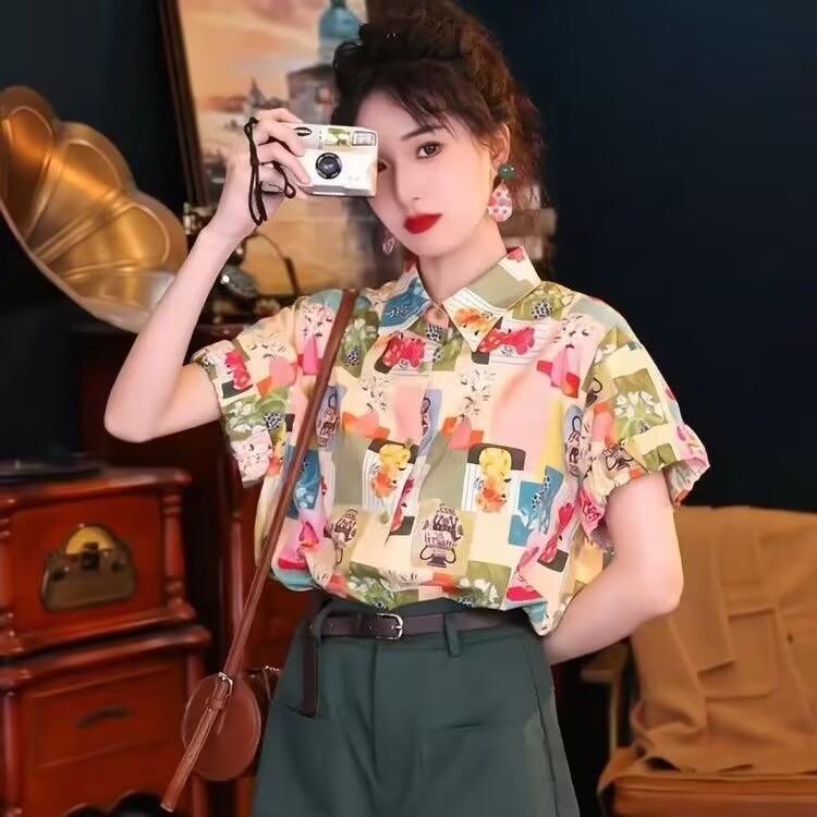 Женская летняя рубашка в стиле бохо - Свободная рубашка с коротким рукавом на пуговицах с цветочным принтом для повседневной носки и многослойности