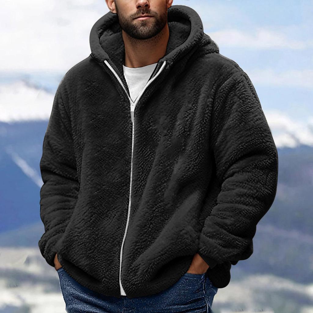 Men's Fashion Solid Color Patchwork Sweatshirt Loose Double-sided Velvet Warm Jacket Zipper Outerwear