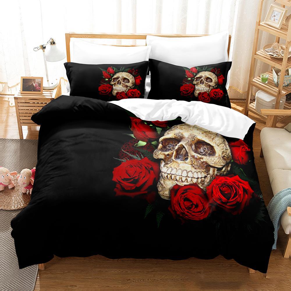 Комплект постельного белья Roses and Skulls All Season Twin Single Twin Full Queen King Size Bed Set Aldult Kid Bedroom Duvetcover Sets Anime