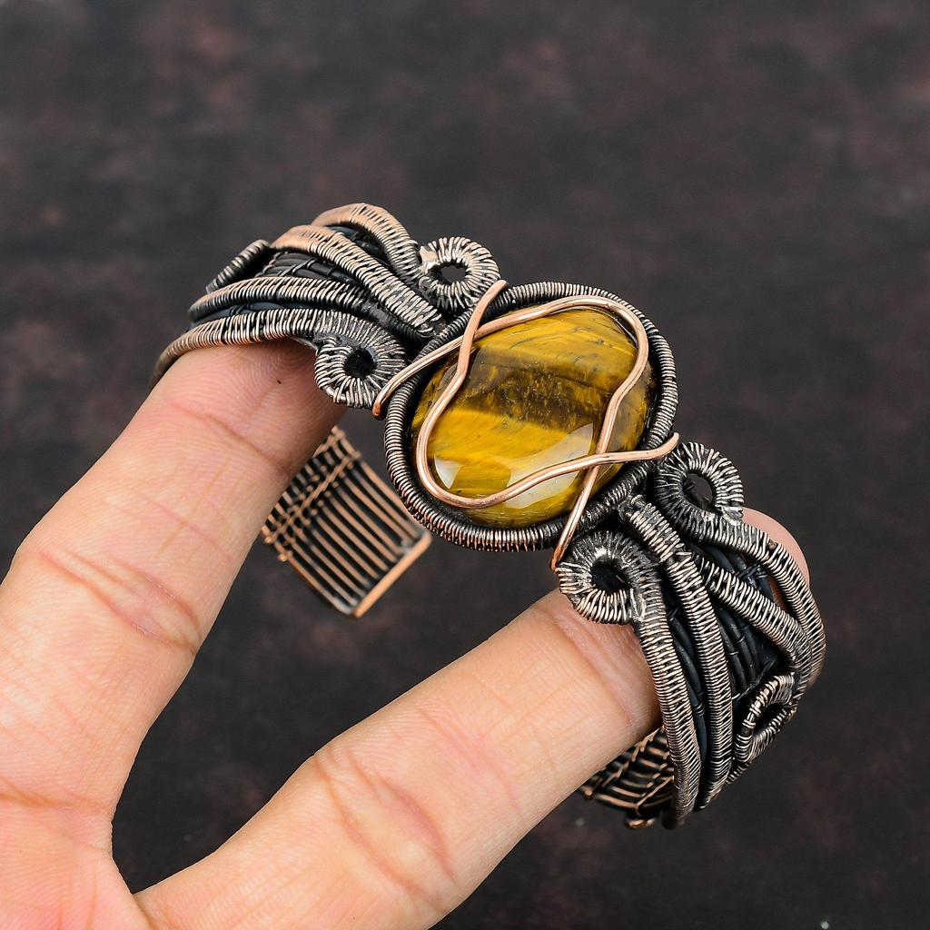 Браслет-манжета с тигровым глазом, браслет-манжета с драгоценным камнем, браслет из медной проволоки, регулируемый браслет-манжета, браслет ручной работы, свадебный подарок, медные украшения