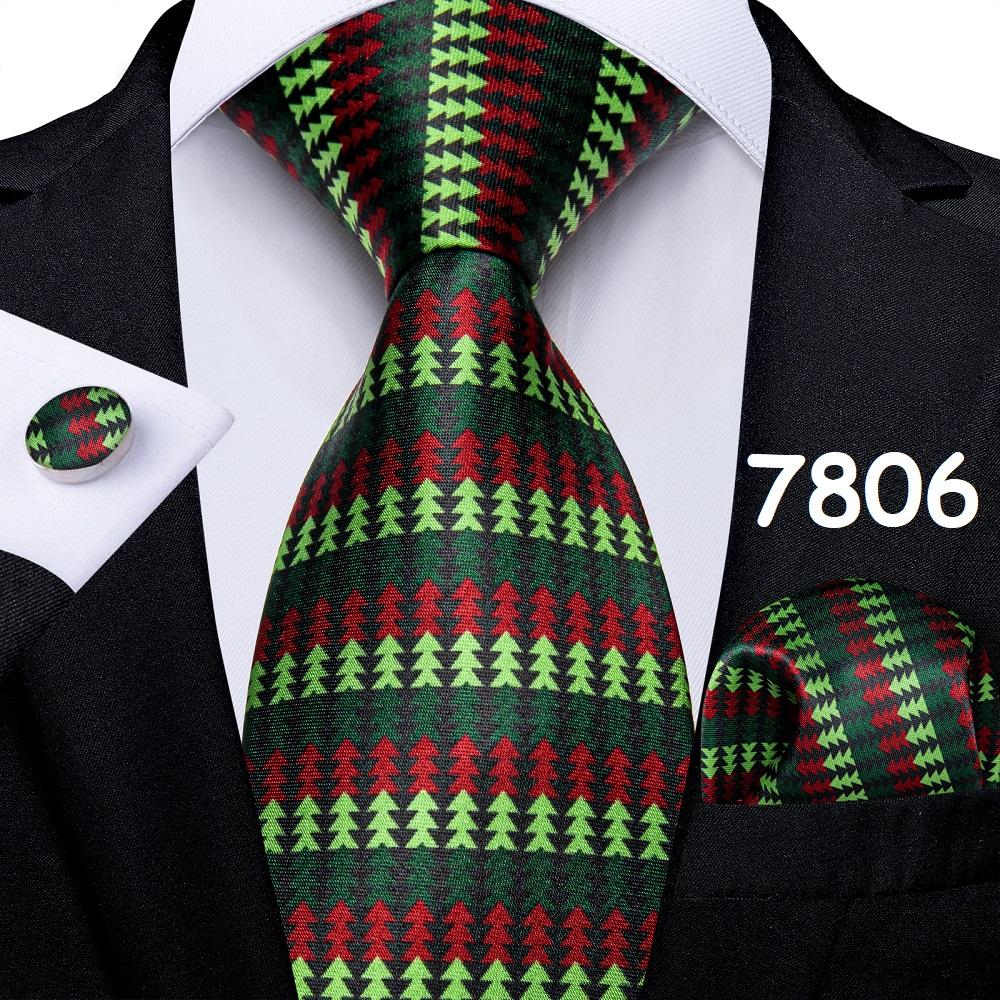 Mens Christmas Tie Set Red Blue Green 8cm Wide Silk Neck Tie Hanky Cufflinks Set Gift For Men Accessories