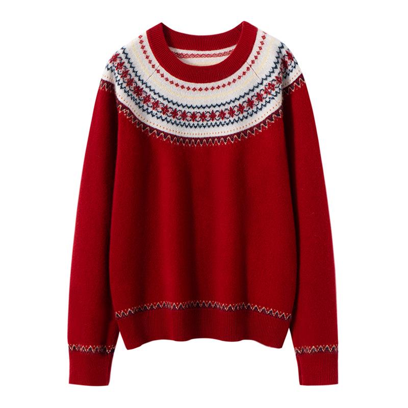Women's 100% Cashmere Jacquard Sweater: Autumn/Winter Loose Round Neck Knitwear