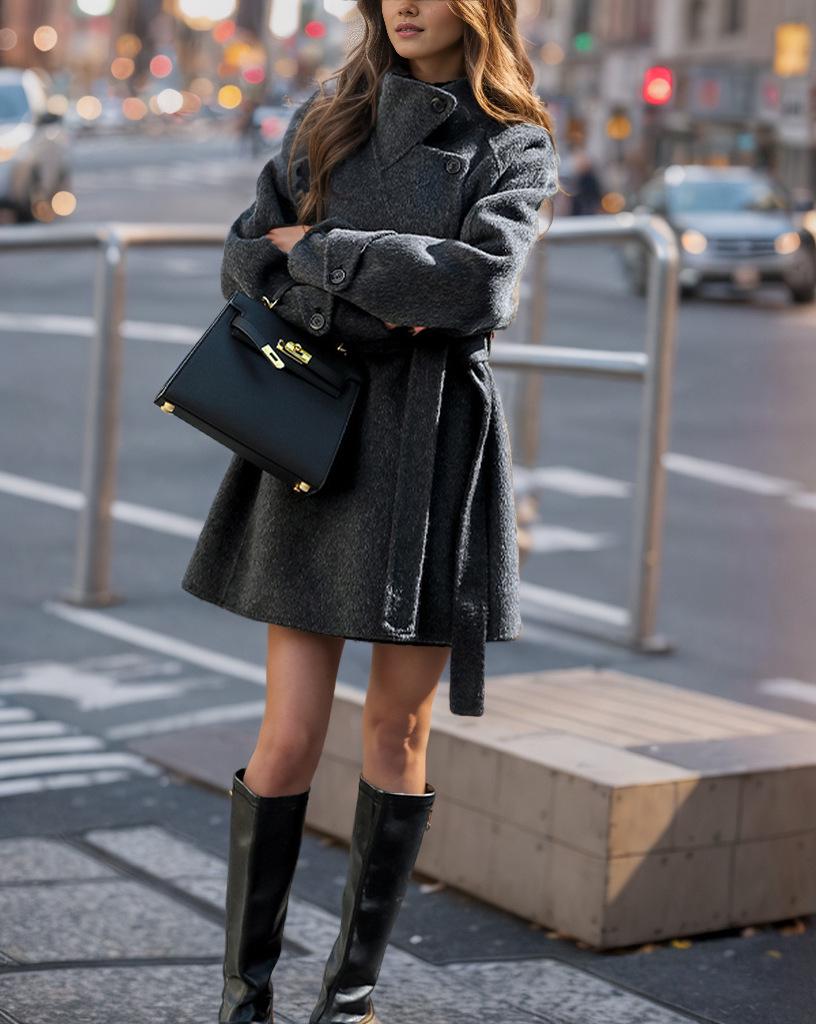 Женское шерстяное пальто с воротником-стойкой и поясом на талии, осень/зима 2024