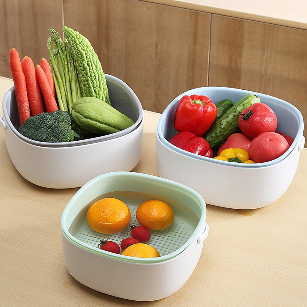 Fruit Vegetable Washing Strainer Baskets, Drain Cooked Pasta Dry Dishes Bowl, Portable Double Layered Cleaning Plate Drain Basin For Kitchen