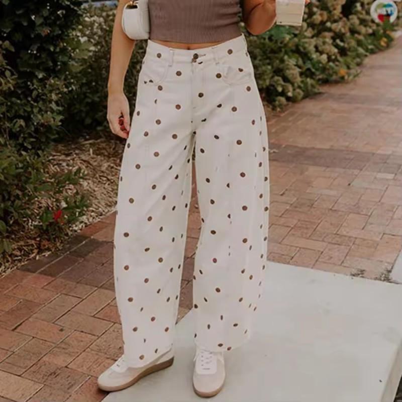 Womens High-Waisted Loose Balloon Jeans With Retro Polka Dot Print Casual Trousers