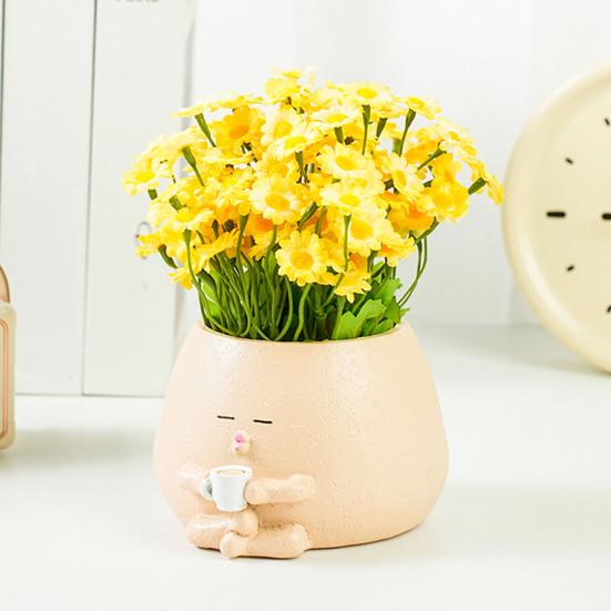 Face Planter Resin Cartoon Coffee Drinker Flower Pot Sitting Figure Succulent Planter with Drainage Hole for Indoor Outdoor Potted Plants