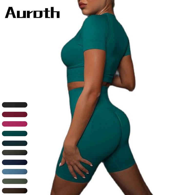Auroth Slim Yoga Set Quick Dry Women Sportwear Gym Sports Short Sleeve High Waist Shorts Fitness Outfit