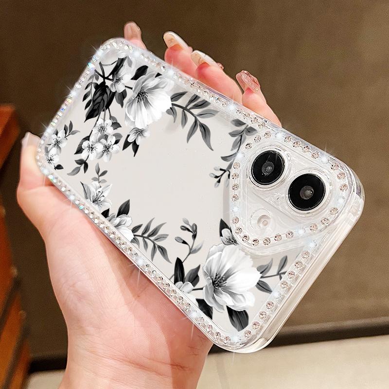 Прозрачный чехол с цветочным принтом сакуры и ромбовидной рамкой для iPhone 16E 16 15 Pro Max 14 Pro 13 12 11, противоударный чехол из мягкого силикона с защитой от падений