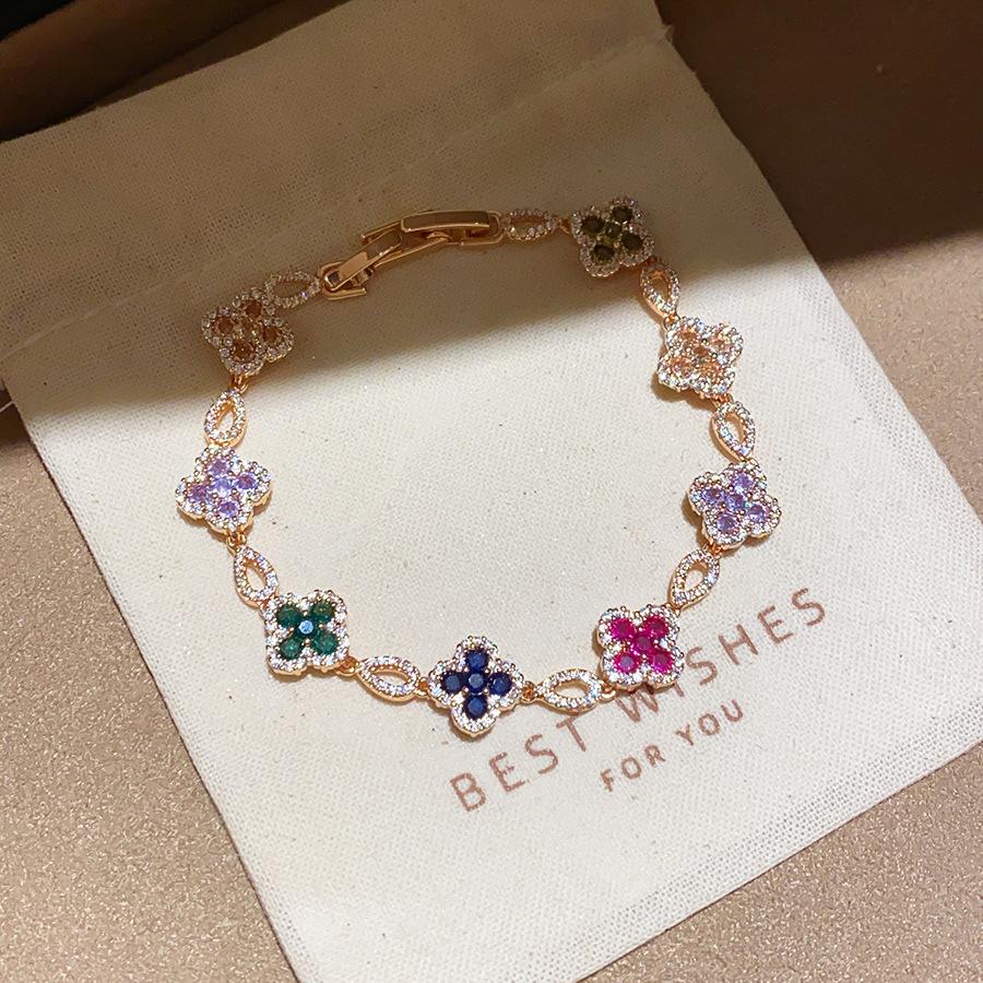18K Real Gold Plated Zircon Lucky Four-Leaf Clover Flower Minimalist Buckle Bracelet, High-End Versatile Bangle Fashion Jewelry