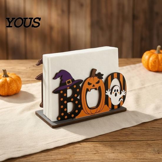 Cartoon Style Table Centerpiece Halloween Wooden BOO Napkin Holder, Ghost Pumpkin Witch Hat Paper Towel Desktop Holiday Decoration Wood for Home Party