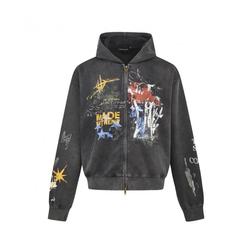 Unisex Hip Hop Graffiti Print Hooded Sweatshirt Loose Fit Long Sleeve Casual Streetwear