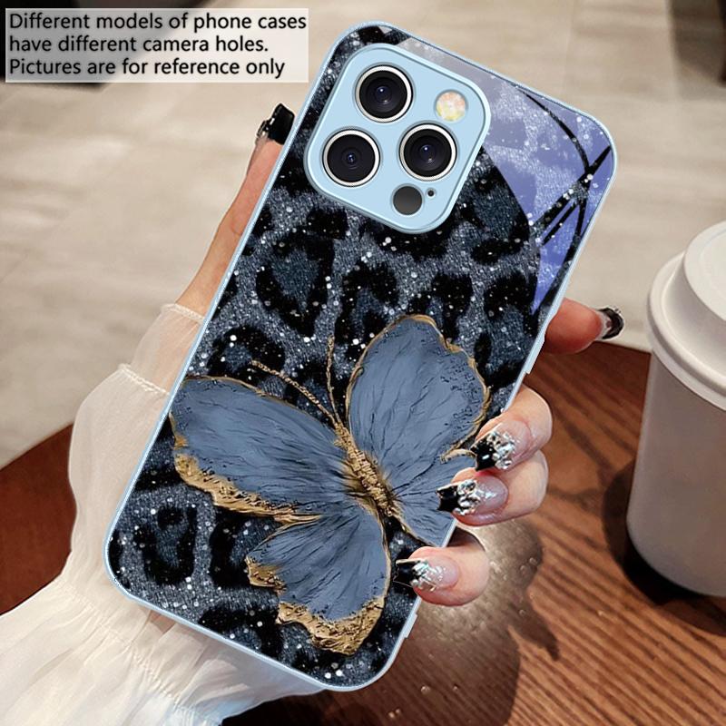Леопардовая фиолетовая бабочка для IPhone 16 Pro Max 15 Pro 14 13 12 Mini 11 XS Max XR 7 8 Plus SE 2022 Закаленное стекло Чехол для телефона