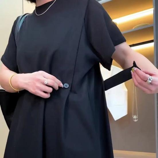 Женское платье миди с круглым вырезом и коротким рукавом, облегающее повседневное платье, однотонное свободное летнее платье