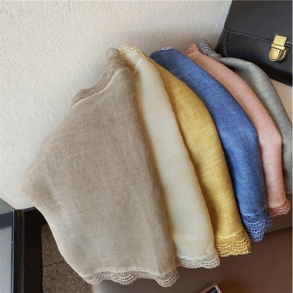 Solid Color Flaxen Lace Scarf Lace Edge Women's Shawl Literary Cotton Linen Scarf for Women