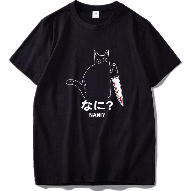 Eu Size Nani Bloody Knife Cat Japanese Letter Original Design 100 Cotton Personality T Shirt