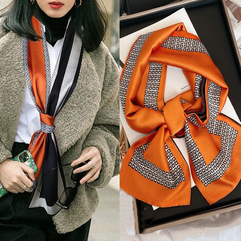 Luxury Design Women Summer Long Silk Scarf Hair Headband Foulard Skinny Bag Scarves Neckerchief Lady Shirt Decorative Streamers