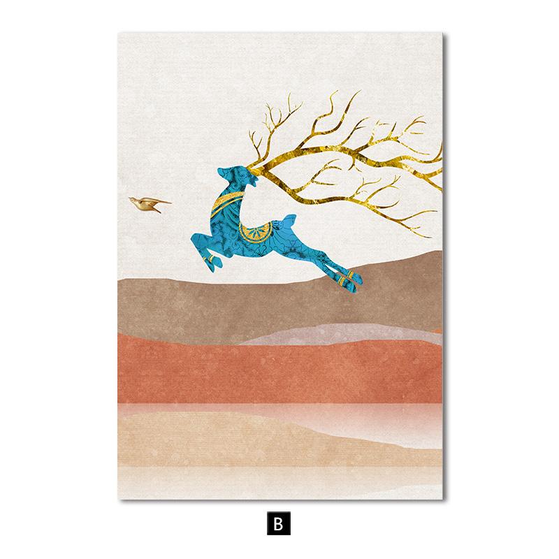 Скандинавский пейзажный постер, настенный художественный холст с принтом, картина «Горный олень, луна, восход солнца», современная абстрактная живопись для декора гостиной