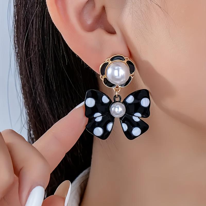 Серьги-гвоздики в горошек (черно-белые) с бантом - Легкие модные серьги, Милые повседневные украшения для женщин, Трендовые аксессуары, Подарок