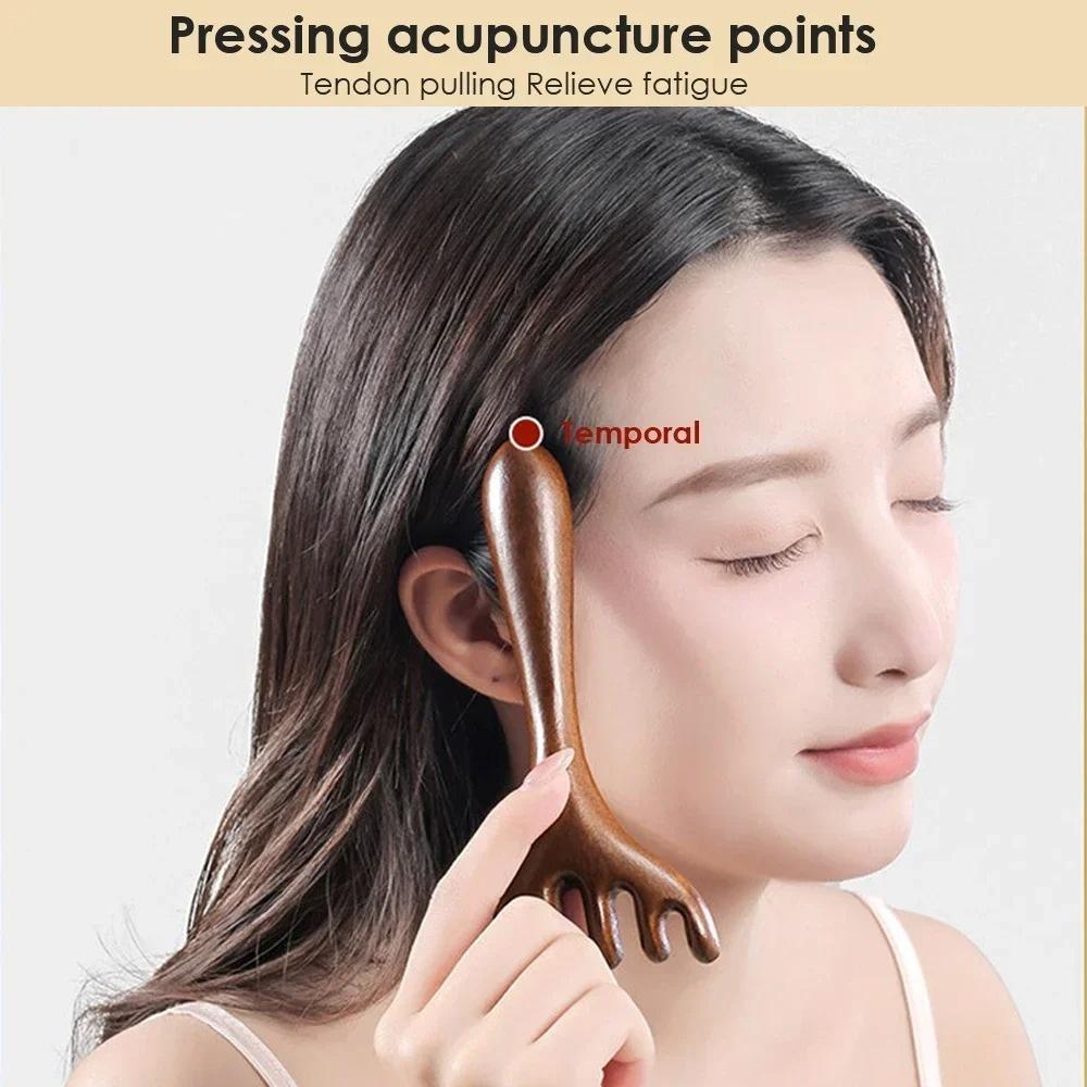 Six-Claw Head Meridian Massage Handheld Scalp Massager Anti-static Natural Wooden Wide Tooth Gua Sha Promote Blood Circulation