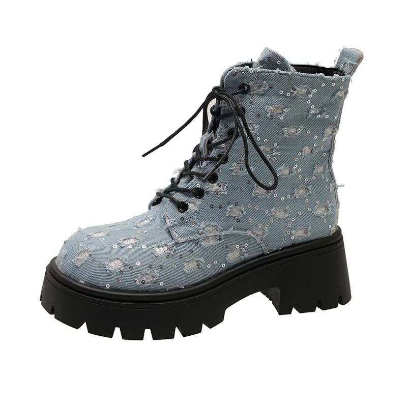 Женские сапоги из парусины, удобные, повседневные, весна и осень, на толстой подошве, со шнуровкой, декоративные, модные женские сапоги