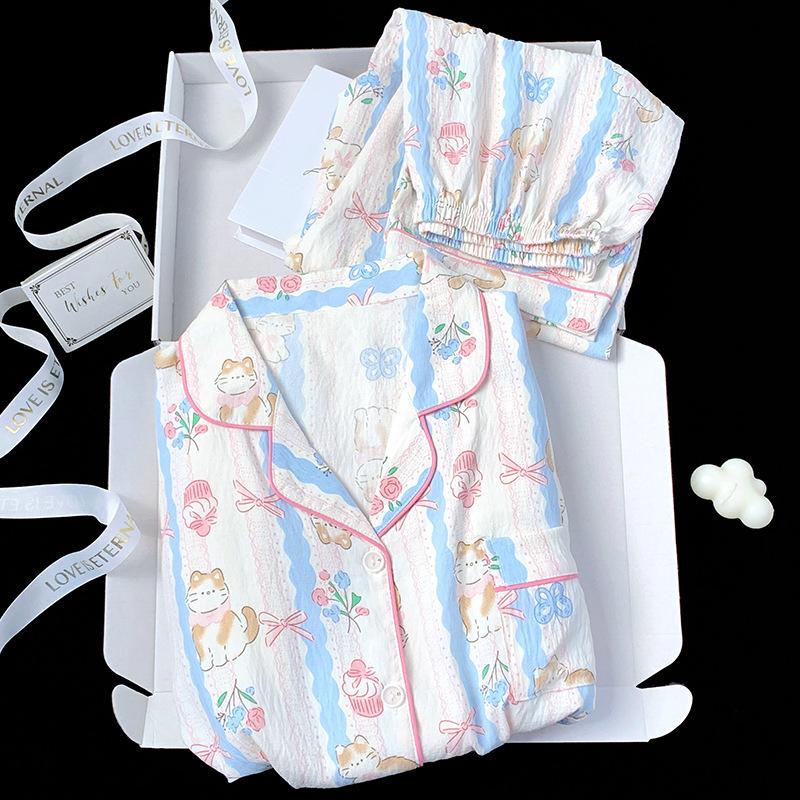 Spring and Autumn Women's Pajamas Homewear Set Girls Sweet Striped Clouds Cotton Homewear Students Cute Pajamas Homewear Set