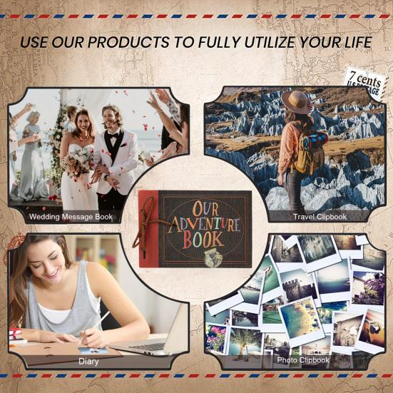 Adventure Book Scrapbook Handcrafted Photo Album with Pocket Retro Diary DIY Travel Journal Gift for Couples Anniversary Weddings Birthday Christmas