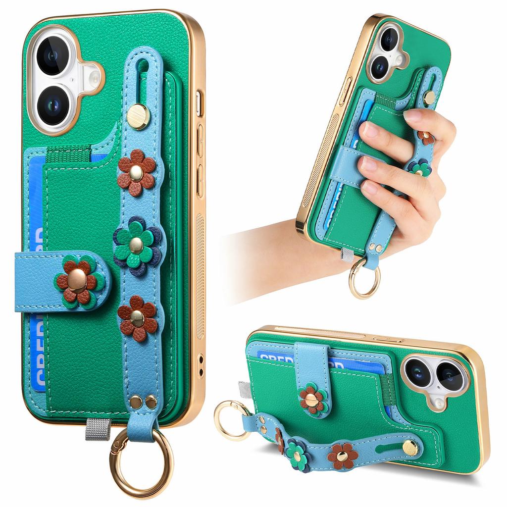 For iPhone 16 Case Card Holder Leather Back Cover 3D Flower Wristband - Purple