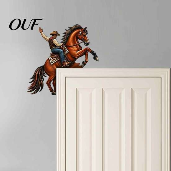 Rustic Home Ornaments Western Horse Wooden Door Topper Decor, 2D Printed Frame Decorative Corner Sign Ornament, Top Shelf Decoration for Farmhouse