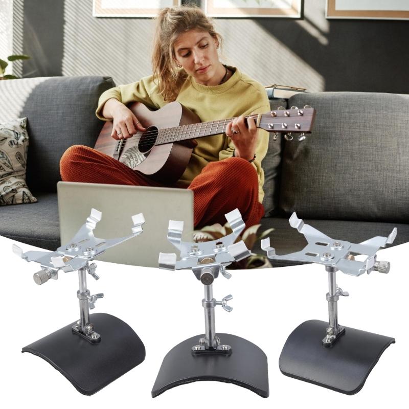 Contemporary Metal Guitar Support Silver Clamping Device Black Textured Base Perfect for Optimal Instrument Stability