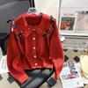 Doll Neck Sweater Cardiagn Women 2023 Winter Bow Slim Long Sleeve Casual Short Red Ruffled Cardigan Knitted Sweater Female Top