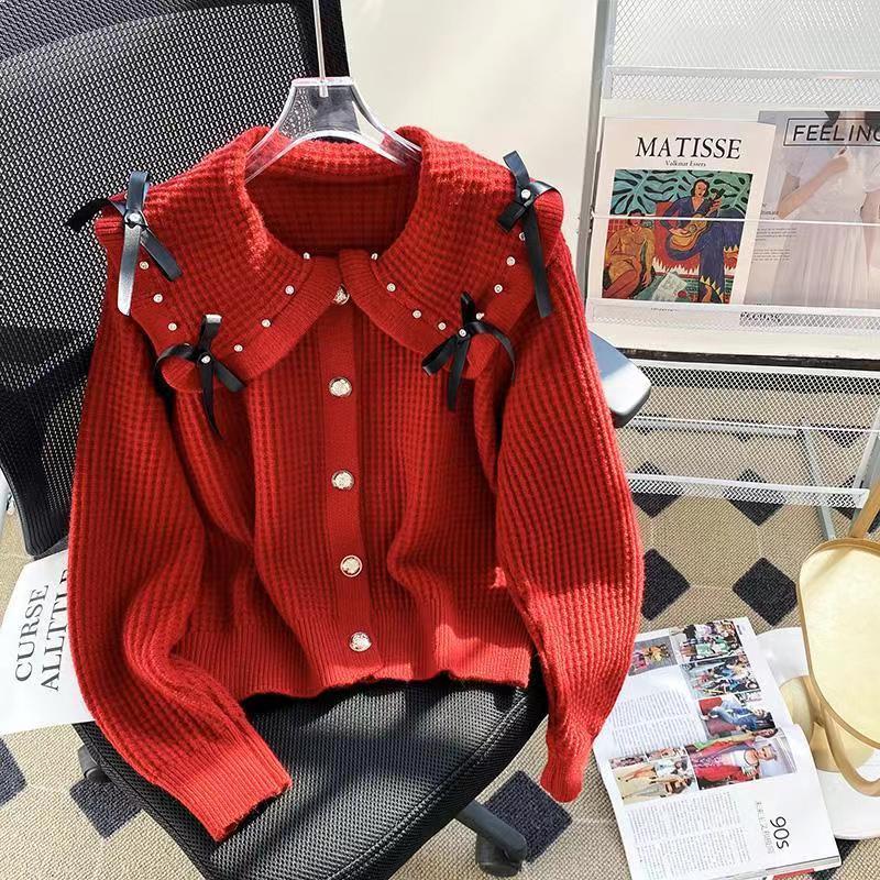 Doll Neck Sweater Cardiagn Women 2023 Winter Bow Slim Long Sleeve Casual Short Red Ruffled Cardigan Knitted Sweater Female Top