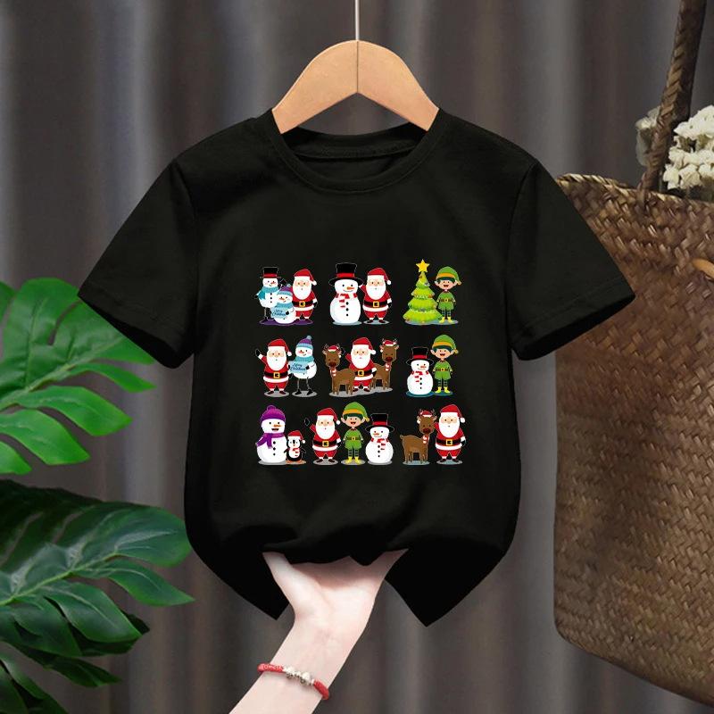 Повседневный мультяшный топ-футболка для мальчиков и девочек, рождественский Санта-Клаус, олень, с коротким рукавом, детская одежда, круглый вырез