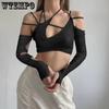 Women Y2K Punk Halter Cropped Tops Gothic Gray Girl's Patchwork Long Sleeve Shirts Summer Cut Out Solid T-Shirts