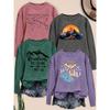Elegant women's long-sleeve top with beautiful scenery and letter combination pattern print, round neck, suitable for spring, summer, autumn, and